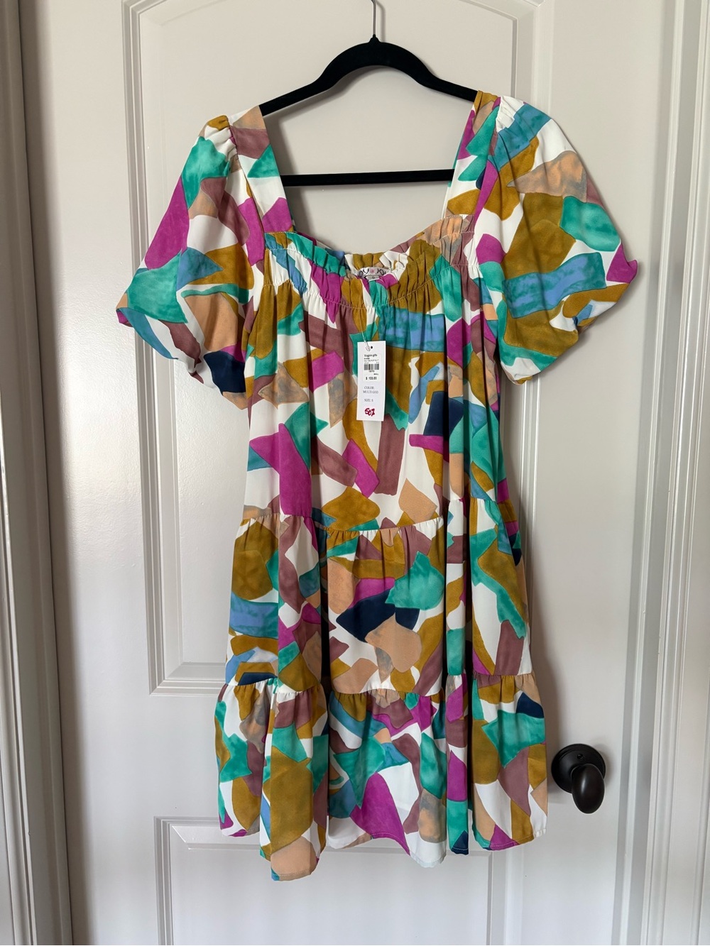 NWT Sz S Boutique Joy Joy Multicolor Abstract Print Puff-Sleeve Dress